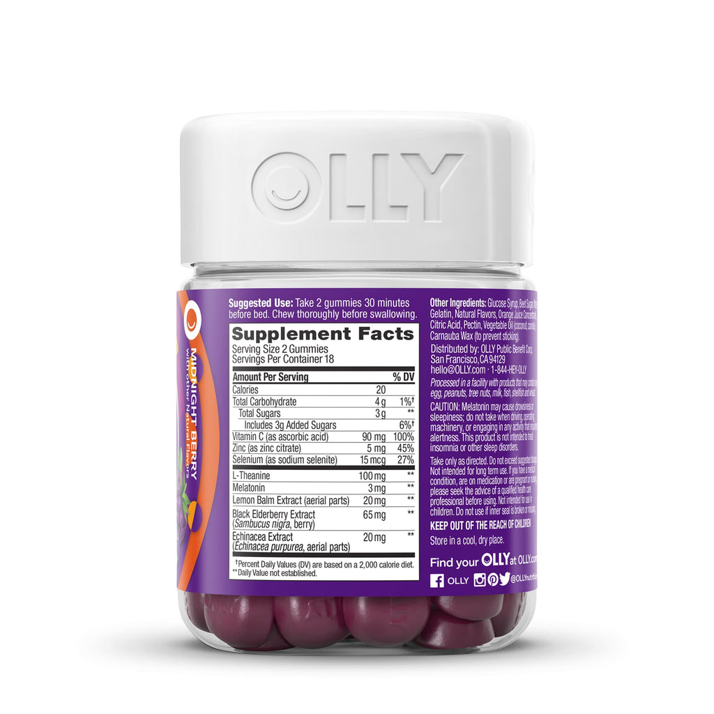 OLLY Immunity Sleep + Elderberry Gummies with Melatonin, Echinacea, Zinc & Vitamin C - Midnight Berry (36 ct)