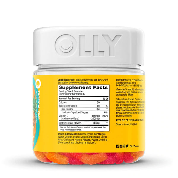 OLLY Hello Happy Gummy Worms - Contains Vitamin D & Saffron - Tropical Zing (60 ct)
